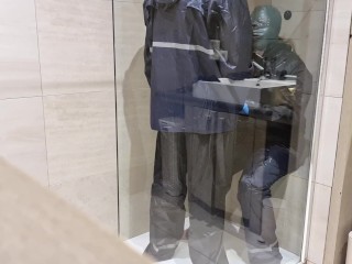 Rainwear pissing and doggy in the shower