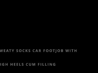 Sweaty socks car footjob with high heels cum filling