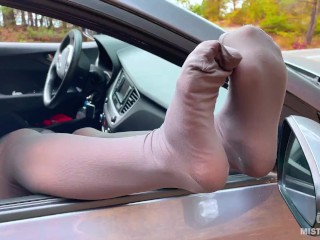 Goddess Foot Teasing In Gray Opaque Pantyhose In The Car