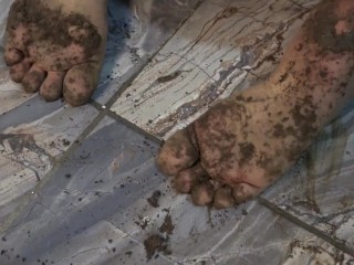 For foot fetish lovers, feet dirty with dirt. Bugs Bunny pose. hits with a rule in a sole of foot