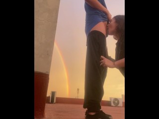 🌈💦 Public Sex, Sucking Cock On Terrace With Romántic sunrise Rainbow 💦🌈