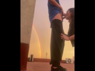 🌈💦 Public Sex, Sucking Cock On Terrace With Romántic sunrise Rainbow 💦🌈