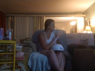 Roommate masturbating to pretty girl in minidress painting her nails and watching tv