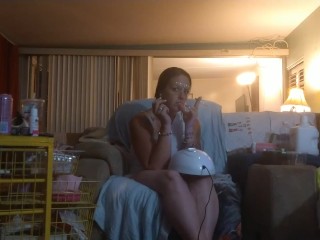 Roommate masturbating to pretty girl in minidress painting her nails and watching tv