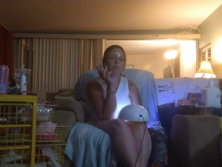 Roommate masturbating to pretty girl in minidress painting her nails and watching tv