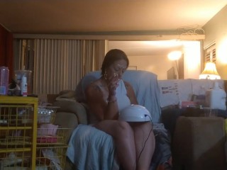 Roommate masturbating to pretty girl in minidress painting her nails and watching tv