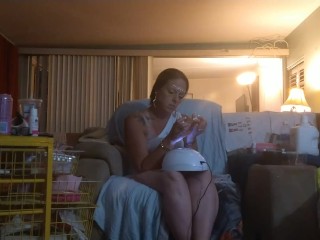 Roommate masturbating to pretty girl in minidress painting her nails and watching tv