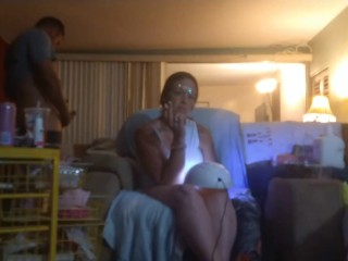 Roommate masturbating to pretty girl in minidress painting her nails and watching tv