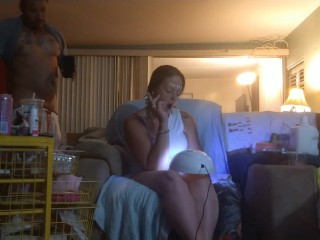 Roommate masturbating to pretty girl in minidress painting her nails and watching tv