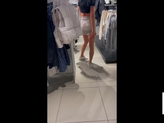 Horny brunette gets risky public fuck in changing room at mall