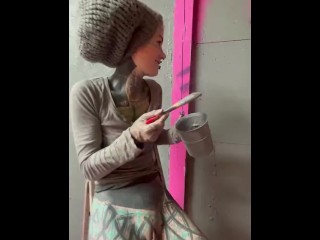 Tattooed Girl get fucked and facial while painting a wall