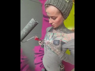 Tattooed Girl get fucked and facial while painting a wall