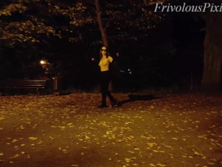 She flashing tits and undresses in a public park at night