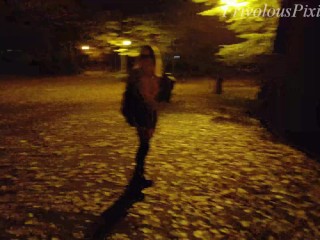 She flashing tits and undresses in a public park at night