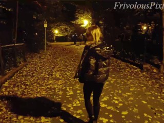 She flashing tits and undresses in a public park at night