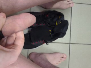 Fully naked and masturbating in public toilet