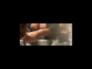 NATURAL EBONY FLASHING HER BIG TITS WHILE DOING DISHES HOME ALONE WITH HER STEP DAD…