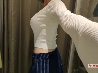 Trying on translucent sexy clothes in a shopping center. Look at me in the fitting room and jerk off