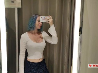 Trying on translucent sexy clothes in a shopping center. Look at me in the fitting room and jerk off