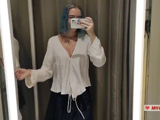 Trying on translucent sexy clothes in a shopping center. Look at me in the fitting room and jerk off