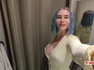 Trying on translucent sexy clothes in a shopping center. Look at me in the fitting room and jerk off