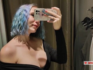 Trying on transparent sexy clothes in a mall. Look at me in the fitting room and jerk off