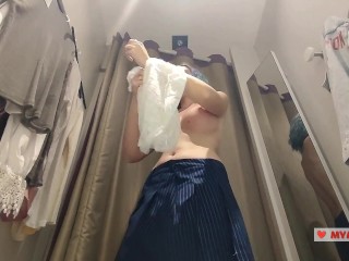Trying on transparent sexy clothes in a mall. Look at me in the fitting room and jerk off
