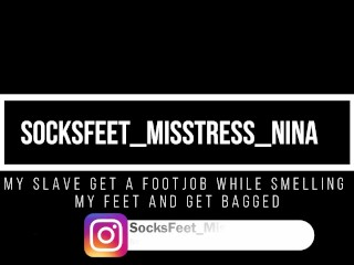 Let my slave smell my stinky feet, bag him and give him a footjob