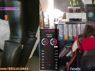 Teacher in leather leggings and boots is masturbating under her desk during the class (lush control)