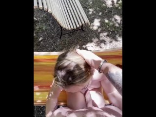 My maid sucks me in the hamak and makes me cum on her tits: a good bitch