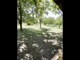 My maid sucks me in the hamak and makes me cum on her tits: a good bitch