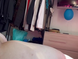 Chub boy plays with his 10cm cock on his sis**r's bed