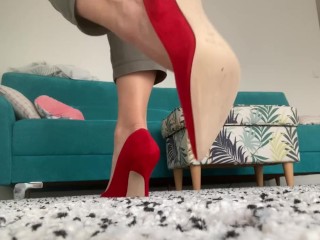 Red high Manolo blahnik heels dangling. Milf woman with high luxury heel shoes