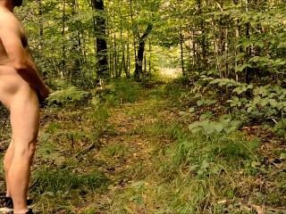 Completely naked, on a forest path, flashing dick at cars.