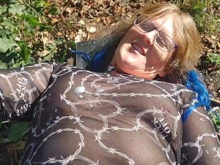 Big premature cumshot on hot MILF when she strokes young stranger outside