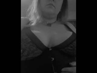 BBW in corset and lingerie sucks and spits on dildo before using it to get off