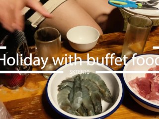 THAI Real Public GIRL Holiday with buffet food วันหยุดกับอาหารบุฟเฟ่ของเรา