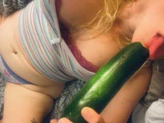 Dumb blonde farm girl keeps fucking herself with her fresh produce. Takes zucchini and squirts a lot