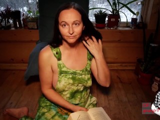 Cute MILF Girlfriend in Overalls Reads About Freedom in Love