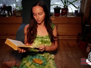 Cute MILF Girlfriend in Overalls Reads About Freedom in Love