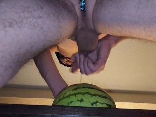 Fucking a watermelon (butt plug falls out)