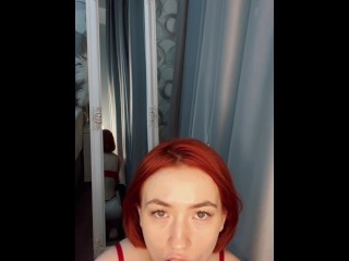 POV redhead giving hot blowjob and showing her body