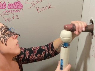 She uses a vibrator toy magic wand on his cock to make him cum at the glory hole gloryhole swallow