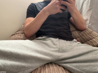 Horny Guy In Sweatpants Masturbates His Big Cock Until Moaning Cumshot