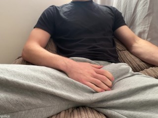 Horny Guy In Sweatpants Masturbates His Big Cock Until Moaning Cumshot