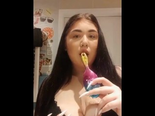 baby sucks a hairbrush and wants cock.