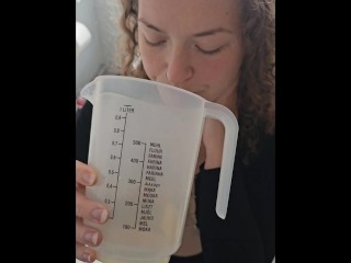 Drinking 300ml of my masters hot steamy dark yellow morning piss from a measuring cup