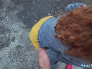 Public Agent Sexy redhead waitress sucks cock and gets fucked doggystyle outside in public