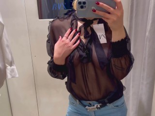 Trying on Haul Transparent See through Clothing Sexy Girl Hard Nipples