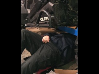 The Mechanic Takes A Break To Masturbate While Under The UTV & Shoots A Big Load Of Cum